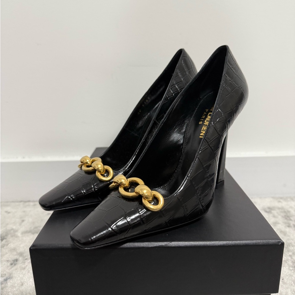 Saint Laurent Black Silvana Heels with Gold Chain Accent